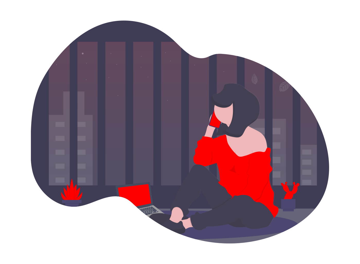 weiblich gelesene Figur sitzt in einem Apartment mit rotem Handy an der Hand. Sie trägt ein rotes Oberteil. Vor ihr steht ein roter Laptop. Es ist Nachts.